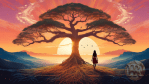 A woman walks toward sunrise, leaving behind a large rooted tree. Symbolizes breaking free from inherited patterns and finding spiritual liberation.