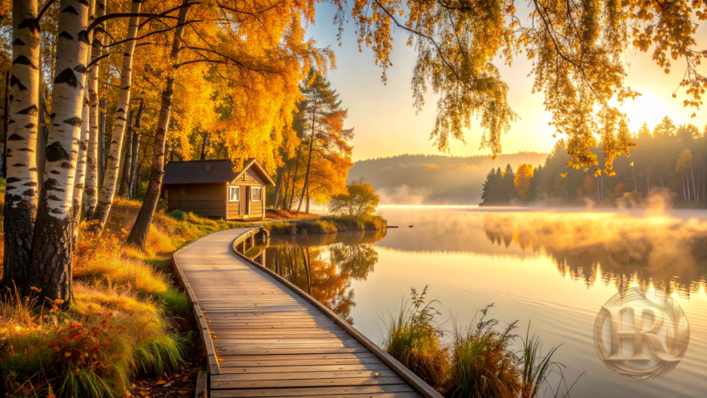 A peaceful Finnish lakeside cottage surrounded by golden autumn trees, reflecting gratitude, fulfilled dreams, mindful living, and beauty in ordinary moments.