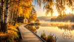 A peaceful Finnish lakeside cottage surrounded by golden autumn trees, reflecting gratitude, fulfilled dreams, mindful living, and beauty in ordinary moments.
